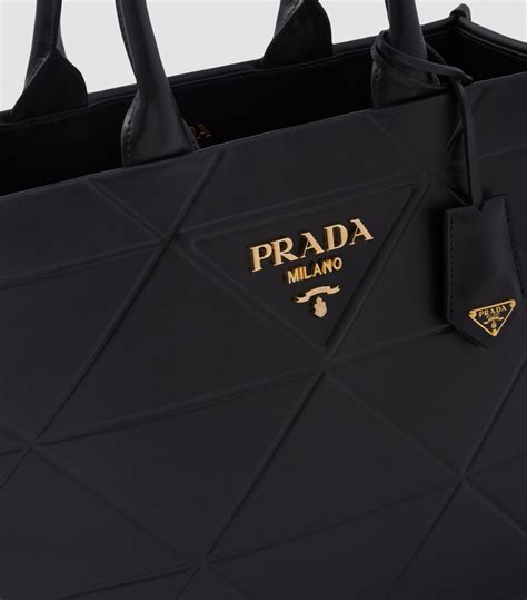 prada logo canvas and leather trimmed bag|Prada symbole tote bag.